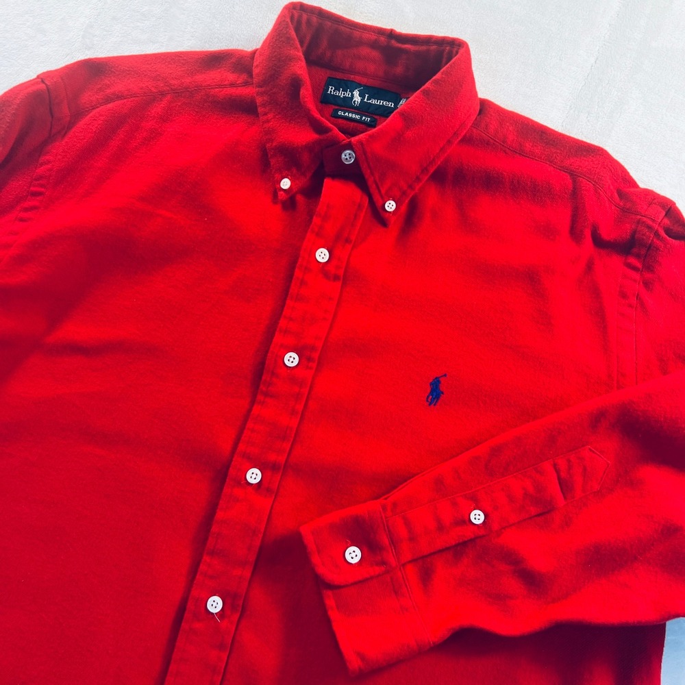 Ralph Lauren Mens Classic Fit Red Brushed Cotton Fleece Button Down Shirt Large